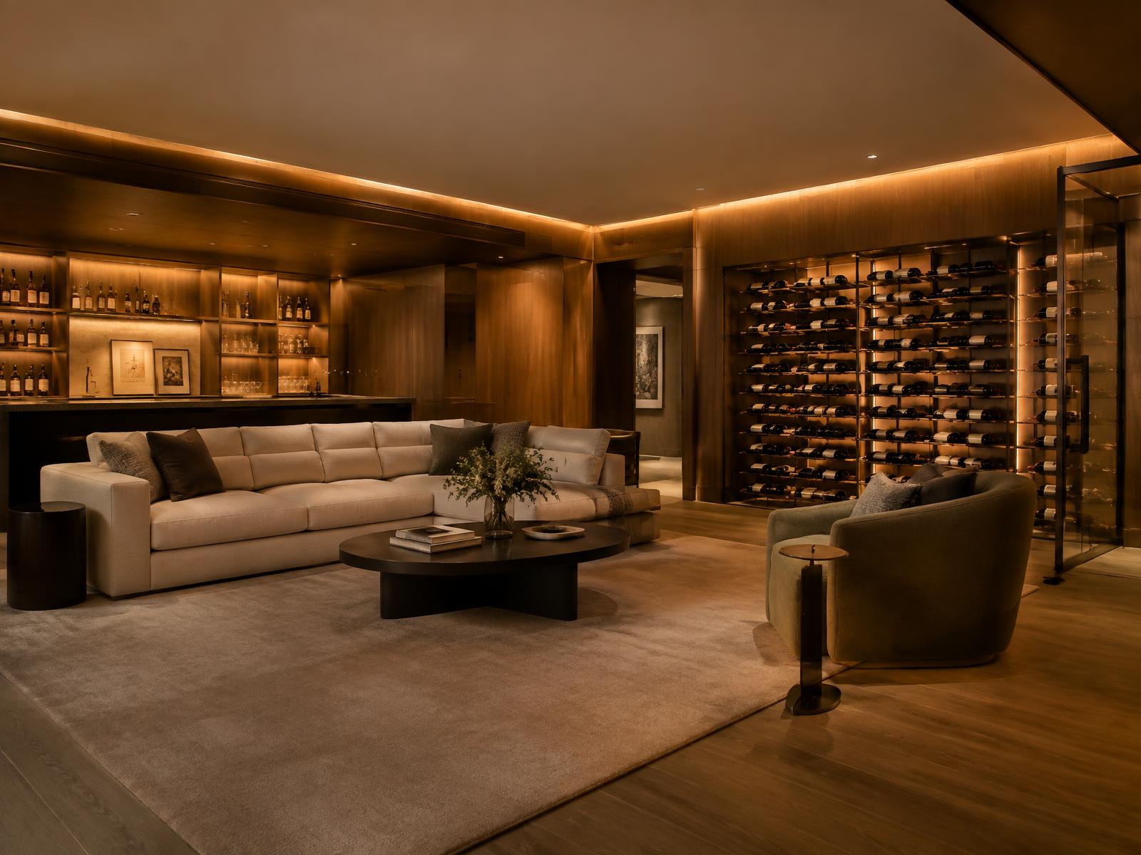 Finished basement lounge with oak panelling and a lit wine wall in a Toronto home