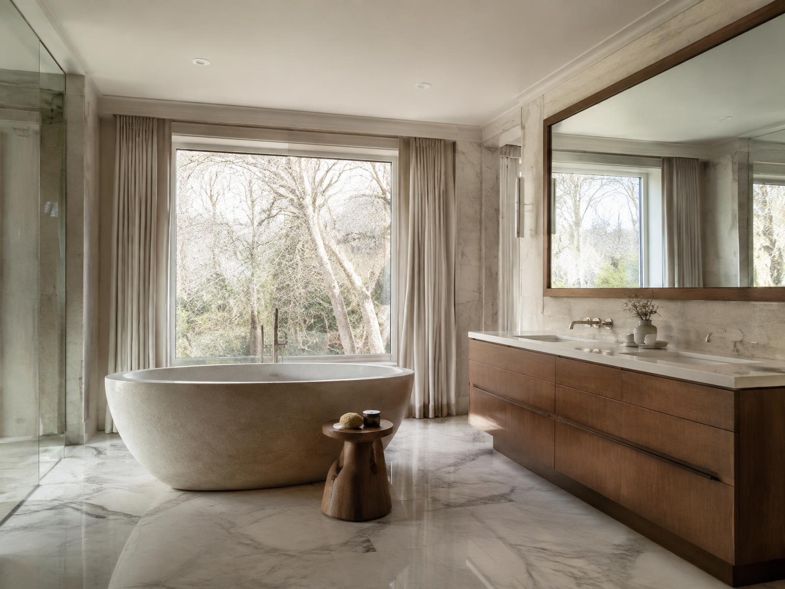 Marble primary bathroom with a freestanding stone tub and walnut vanity in a Toronto home